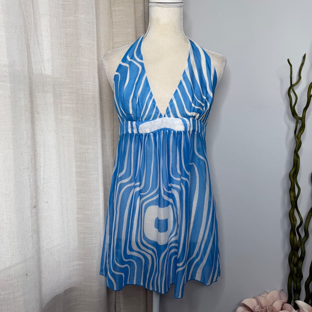 Trina Turk Halter Babydoll Top Plunge Neck Blue White Wavy Stripe Women's 6